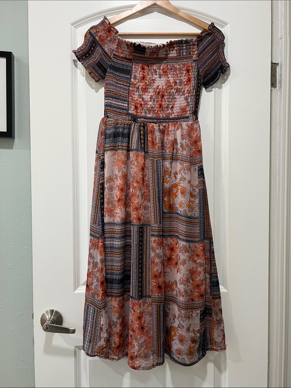 Xhilaration Rust Multi Floral Patchwork Off-Shoulder Dress